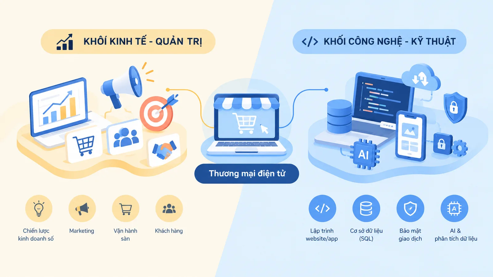 Nên học Thương mại điện tử ở trường thuộc khối Kinh tế hay Công nghệ?