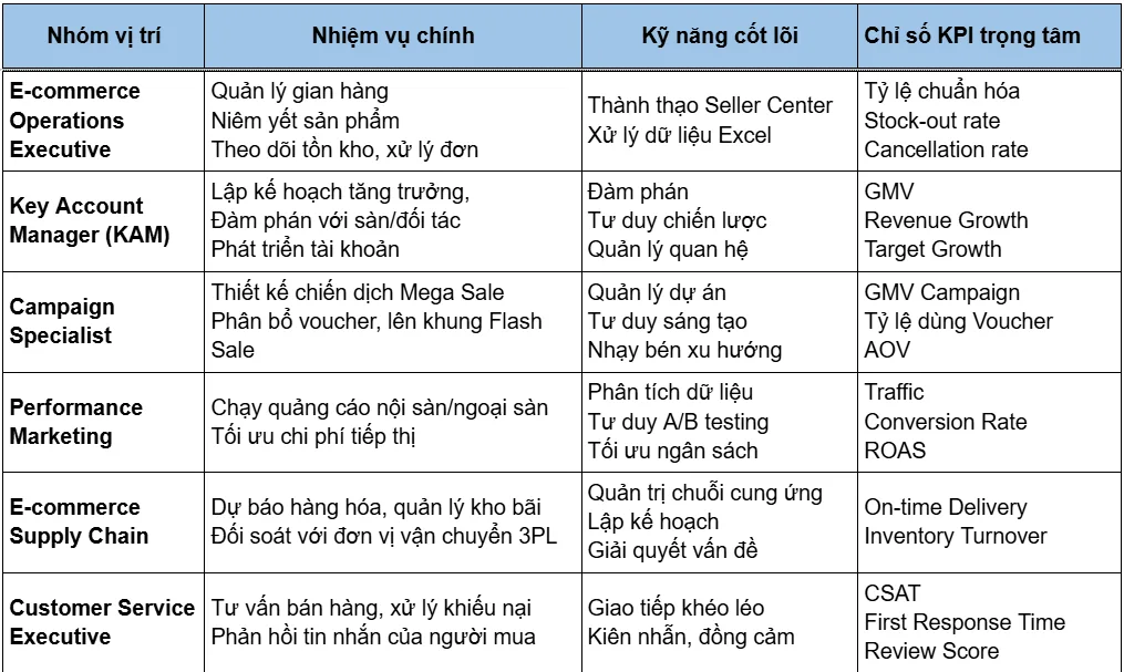 Bảng tổng hợp bản đồ kỹ năng và KPI đo lường cho 6 nhóm vị trí việc làm