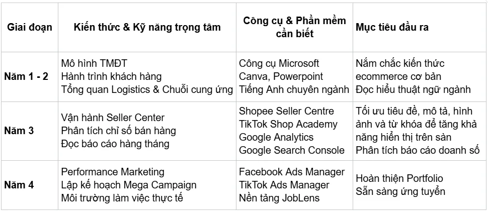 Bảng tổng hợp bộ kỹ năng và kiến thức ecommerce cốt lõi theo từng chặng
