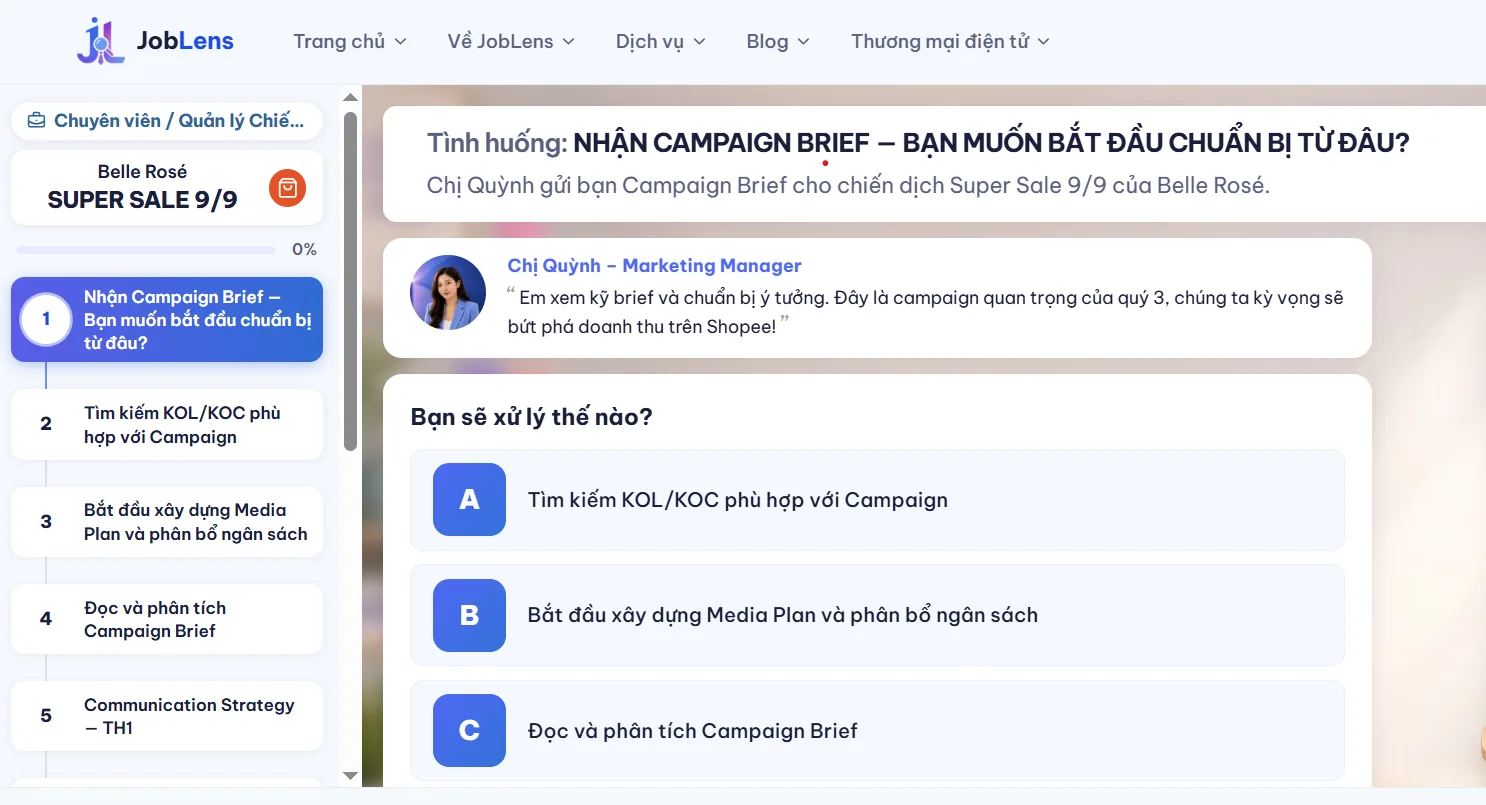 Màn hình mô phỏng công việc Campaign Executive của JobLens